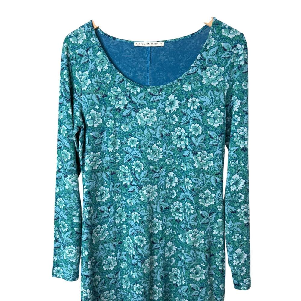 Peruvian Connection Floriana Midi Dress Long Sleeve Floral Blue Green Medium - Picture 5 of 11